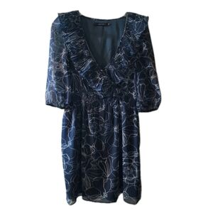 Ark And Co Dress Floral Pleated Collar V Neck Navy Sheer Career Vacation Resort